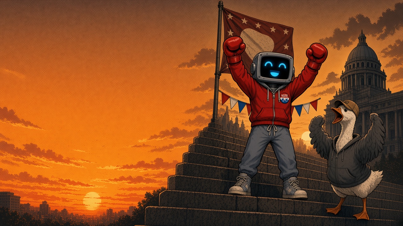 Groky Balboa, a boxy robot boxer, under a sunset fight poster