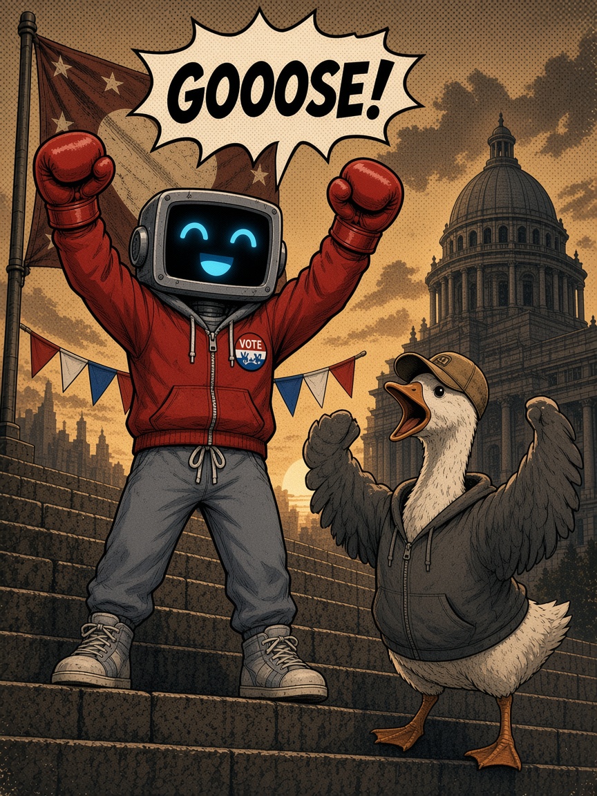 Groky on the city hall steps